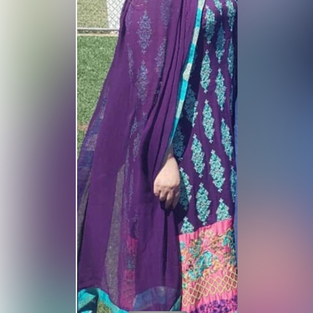 Pakistani Designer Thread and Motifz Purple and Teal Patterned Dress